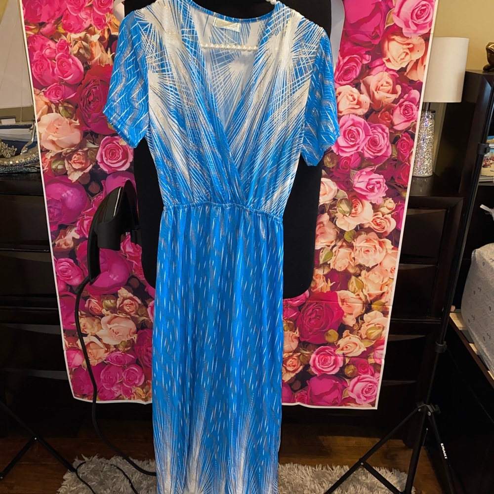 Blue and white maxi dress with metallic gold detail
